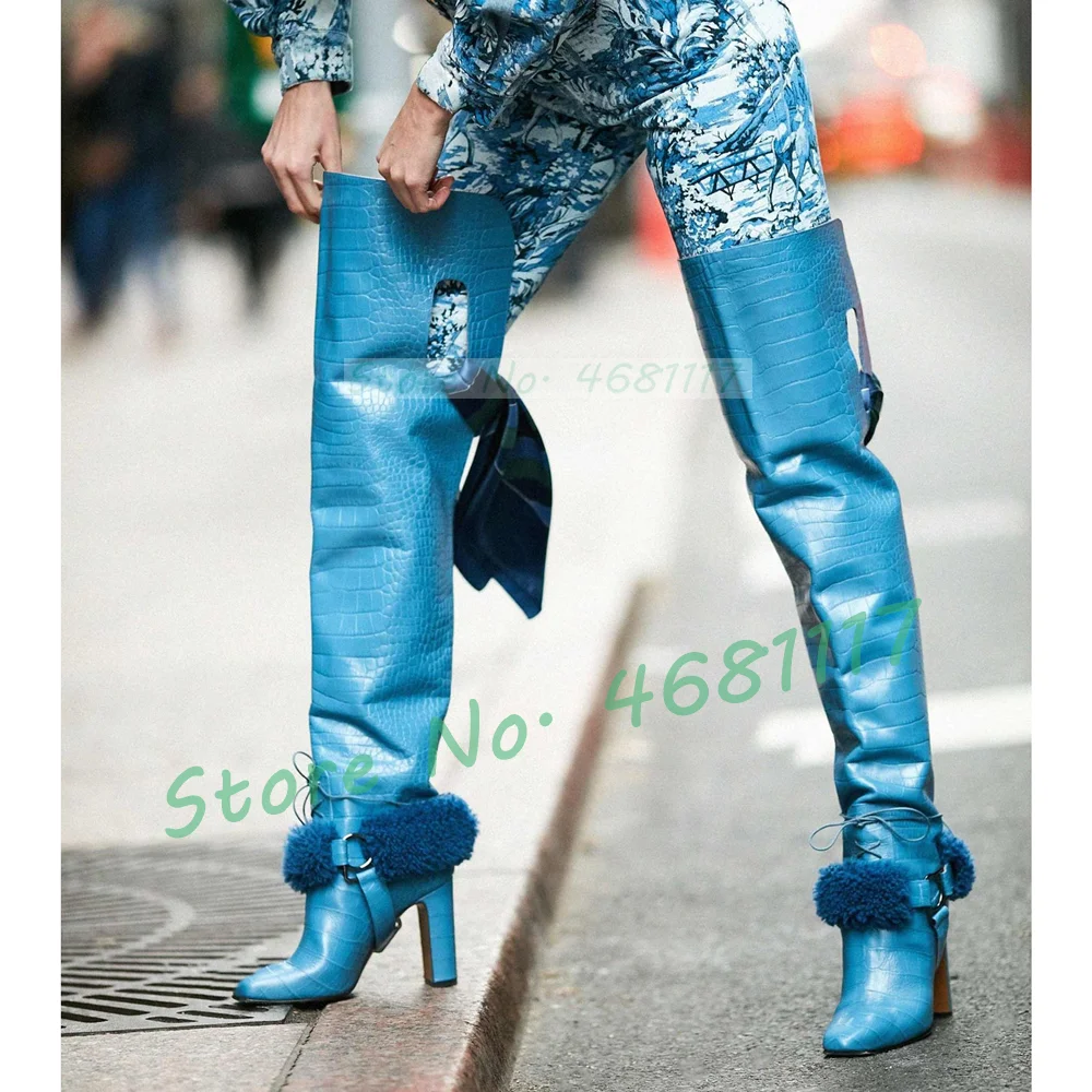 Blue Crocodile Block Heel Over Knee Boots Women Round Toe Fur Wrap-Around Straps Boots Female Hollow Out Newest Lace Up Shoes