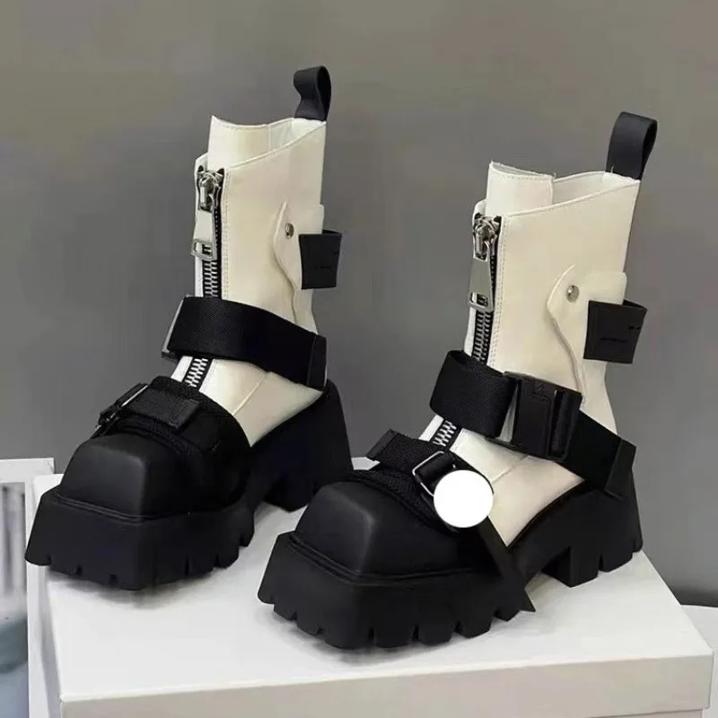 

2025 New Women European American Square Head Ankle Boots Belt Buckle Punk Gothic Thick-soled Velvet Women Boots Botas Para Mujer