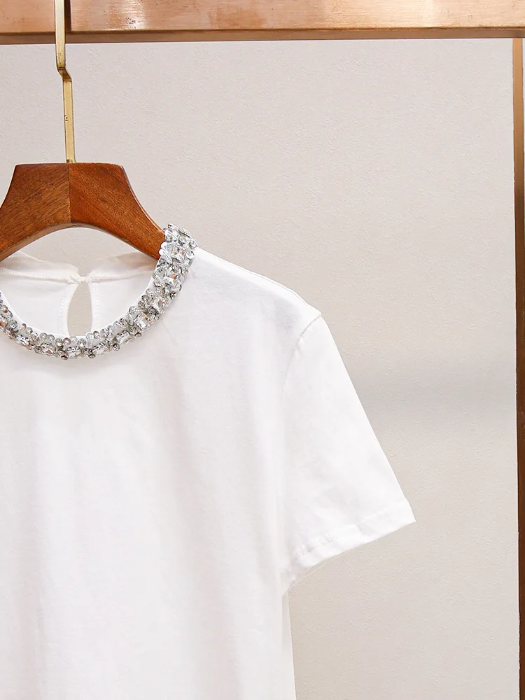 

Diamond Decoration Women's White T-Shirt Round Neck Short Sleeve Casual Summer Tee Tops