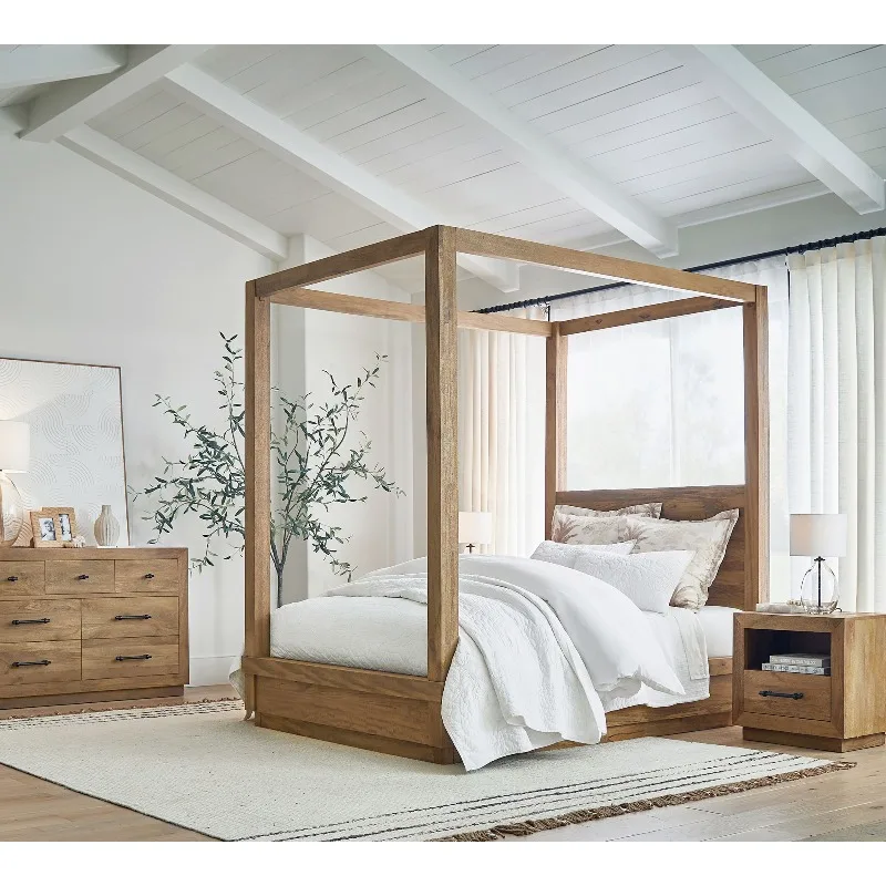 Luxury Designs Bedroom Furniture Canopy Oak Wooden Double Panel Queen King Size Beds Set - view 2