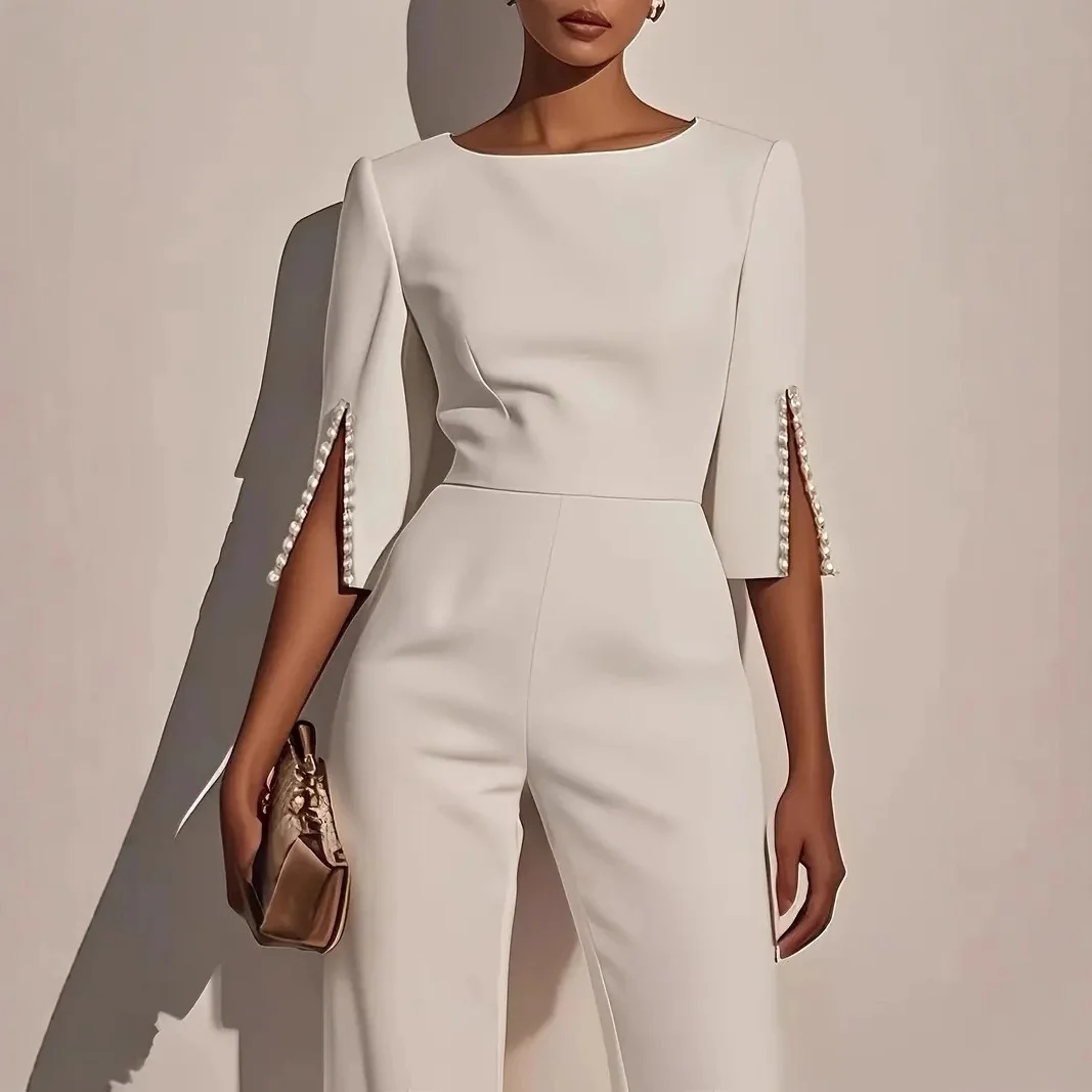 Summer Urban One Piece Jumpsuits for Woman 2025 Solid Color Pearls Split-joint Long Pant Office Lady Loose Rompers Women