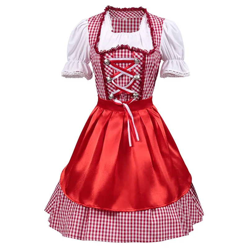 S-XXXL Genman Oktoberfest Beer Festival Dress Dirndl Skirt Apron Blouse Gown Red Lattice German Bavarian Costume