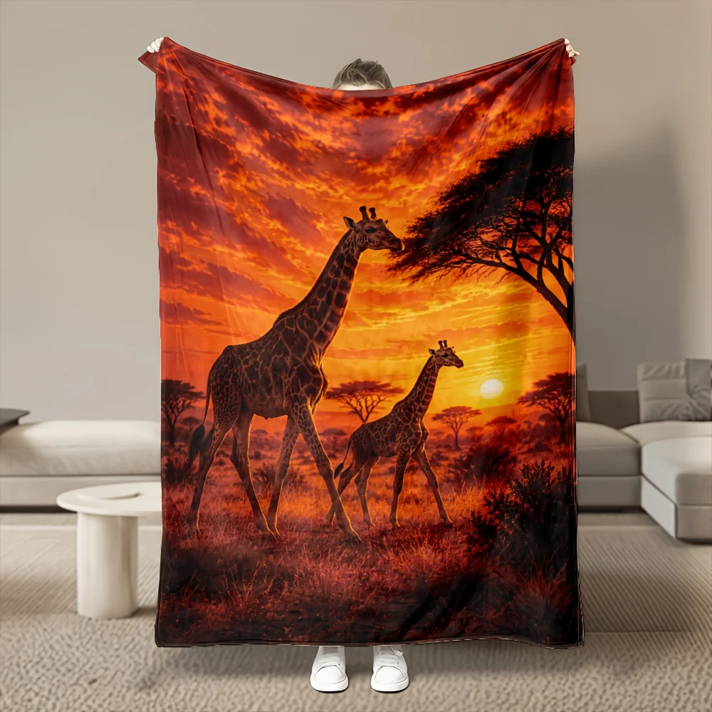1pc Sunset Giraffe Family Flannel Blanket, Ultra Soft Warm, All-Season Versatile, 280GSM Weight, Machine Washable for Easy Care, Perfect for Bedroom, Living Room, Sofa, Home Decor, Office Nap, Dorm & Car, Winter Throw, Ideal Gift.