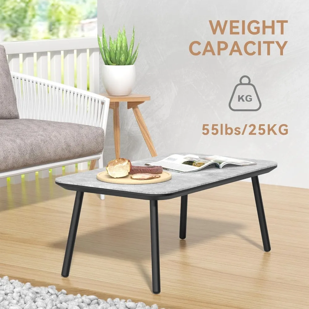 Small Rectangle Metal Patio Coffee Table for Outside, Outdoor Side Table with Marble Look Top, Café Tables