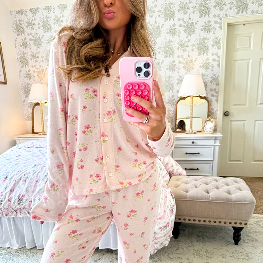 

Hiloc Keep Warm Print Women'S Pajamas 2-Piece Suit Single-Breasted Turn-Down Collar Long-Sleeve Tops Elastic Waist Trousers 2025