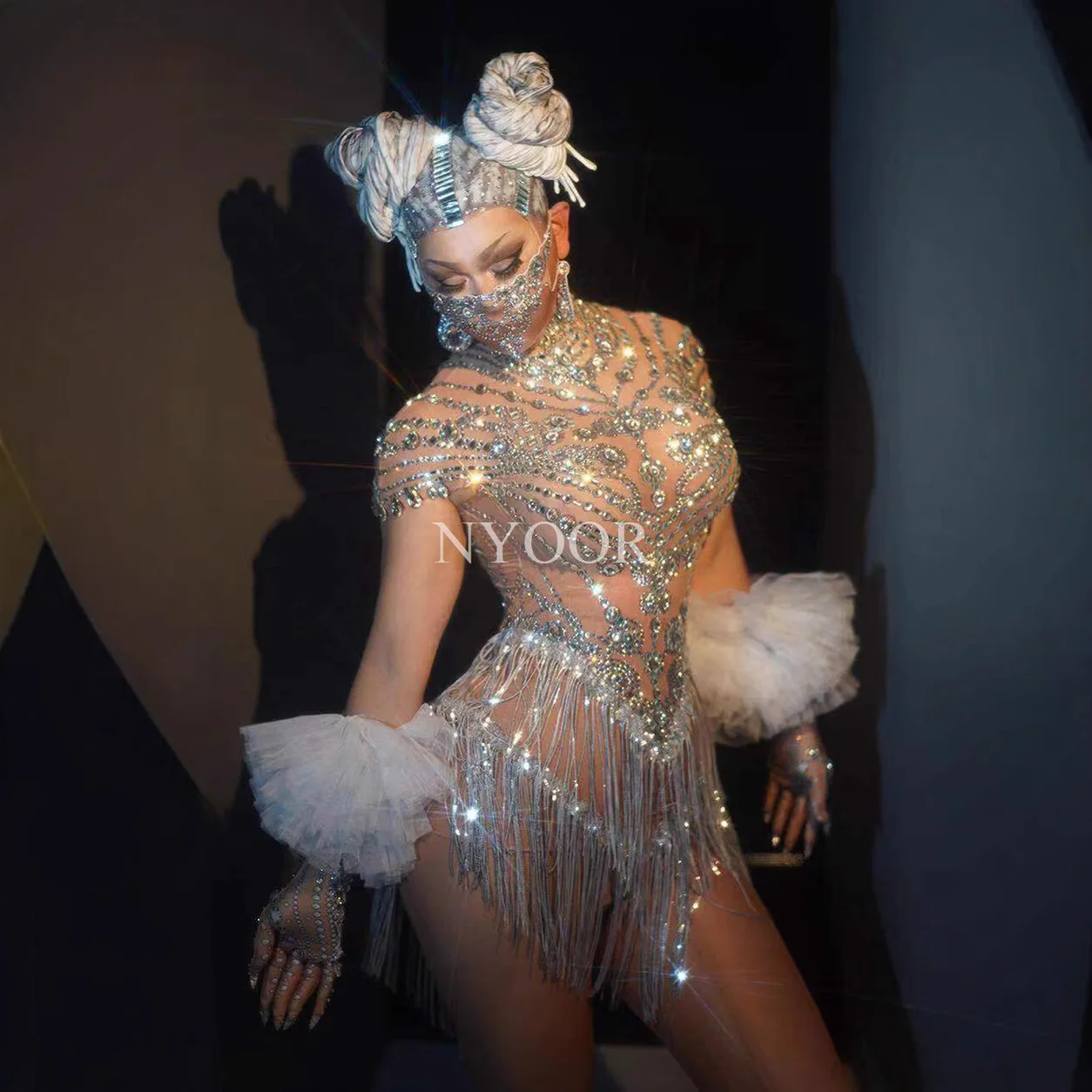 Fringed Rhinestone Gloves Zipper Mesh Dance Show Short Skirt Evening Dress Ball Robes Bal De Promo Robes De Soirée Haute Qualité