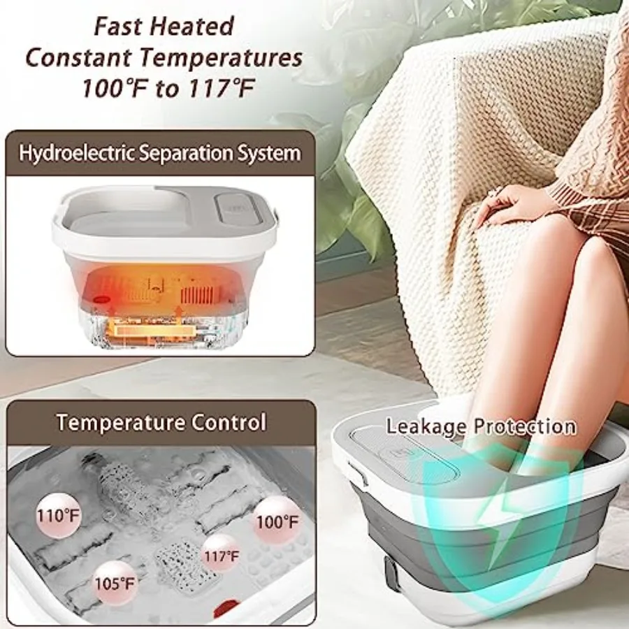 Banho dobrável para spa de pés com calor e rolos de massagem Kit de pedicure para pés com bolhas com controle de temperatura e luz vermelha