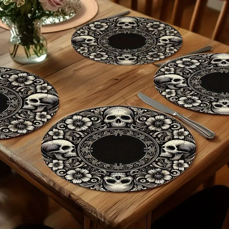 VIKAMA Retro Flower Skull Placemat - Heat Resistant Fabric Table Mat, Gothic Halloween Western Food Table Decoration