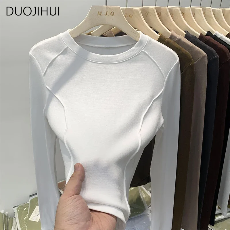 DUOJIHUI Winter Basic O-neck Long Sleeve Female T-shirts New Simple Casual Office Ladies Sweet Fashion Pure Color Women T-shirts