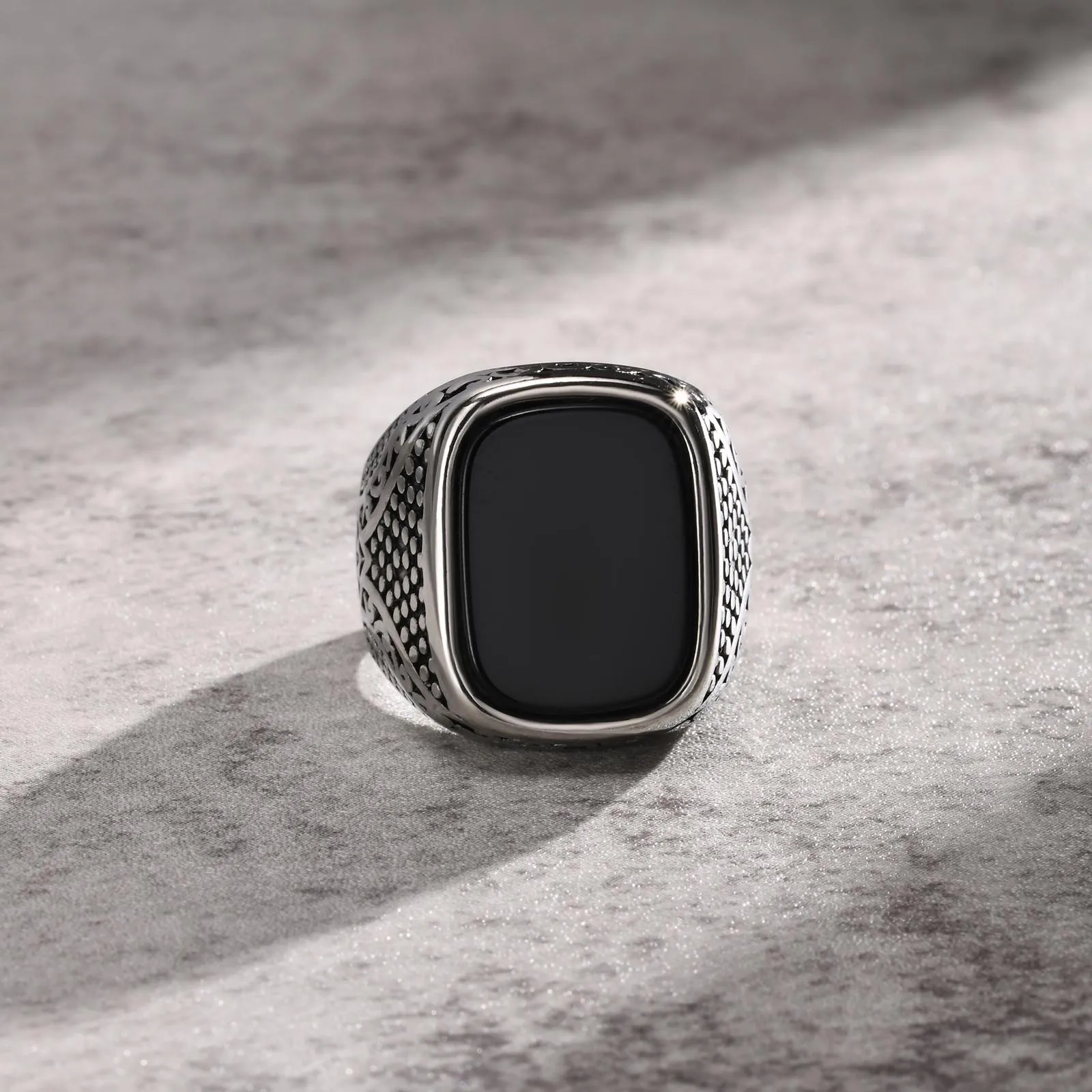 Men's Onyx Stone Silver Stainless Steel Ring