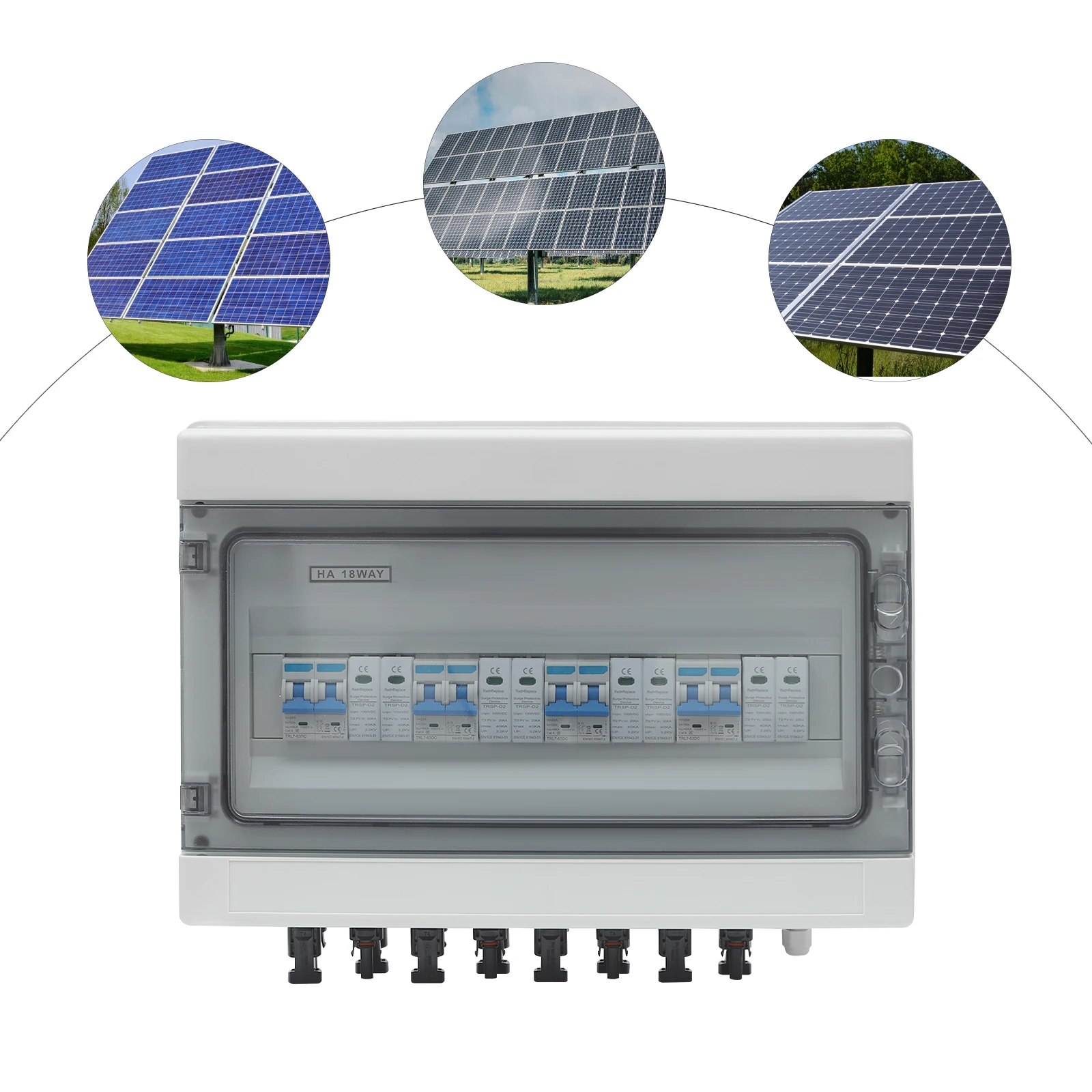 1000 V Solar DC PV Combiner Box 4 in 4 Out Isolator Switch Box mit 8 Anschlüssen IP65 wasserdicht, Überspannungsschutz 15 A/25 A – Detail 1