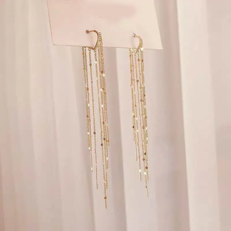 Korean Vintage Glossy Arc Bar Long Tassel Drop Earrings for Women Gold Color Geometric Fashion Jewelry Luxury Hanging Pendientes