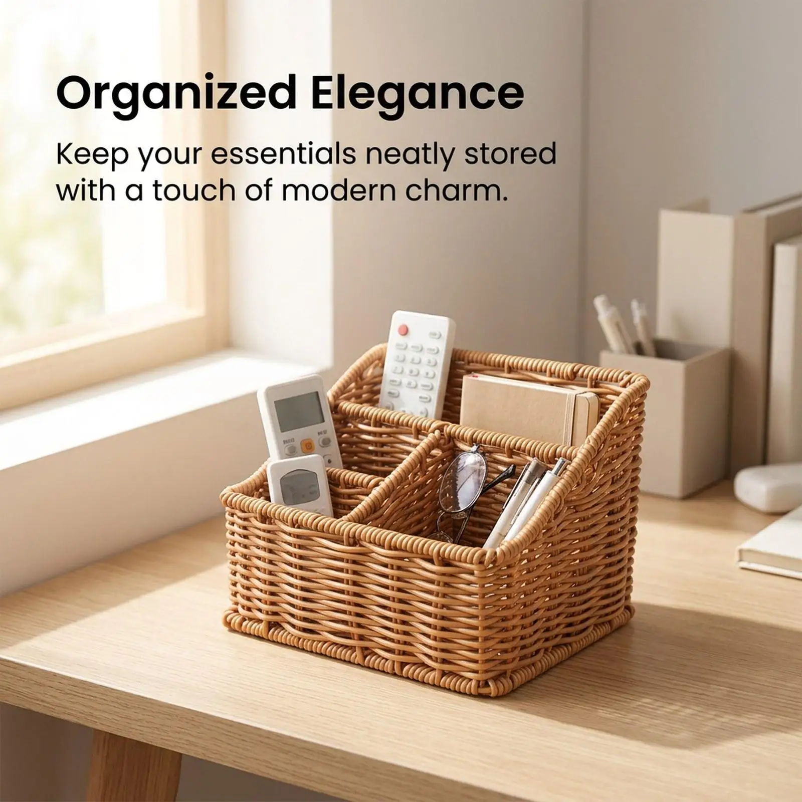 Imitation Rattan Basket Weaving Storage Basket Rectangular Multifuctional Handwoven Basket for Home Cabinet Bedroom End Table