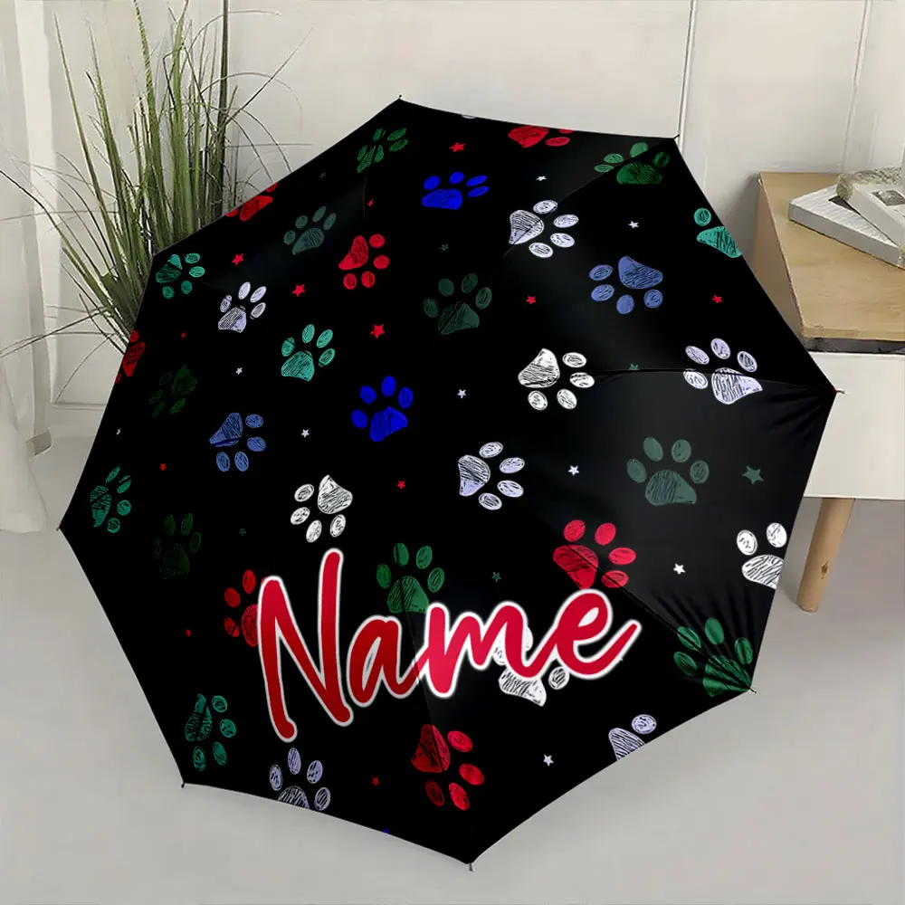 Custom Name Personalized Paw Print Design Umbrella Bold Text Print 8 Iron Ribs Folding Umbrella Auto-Open Fashion Sunshade