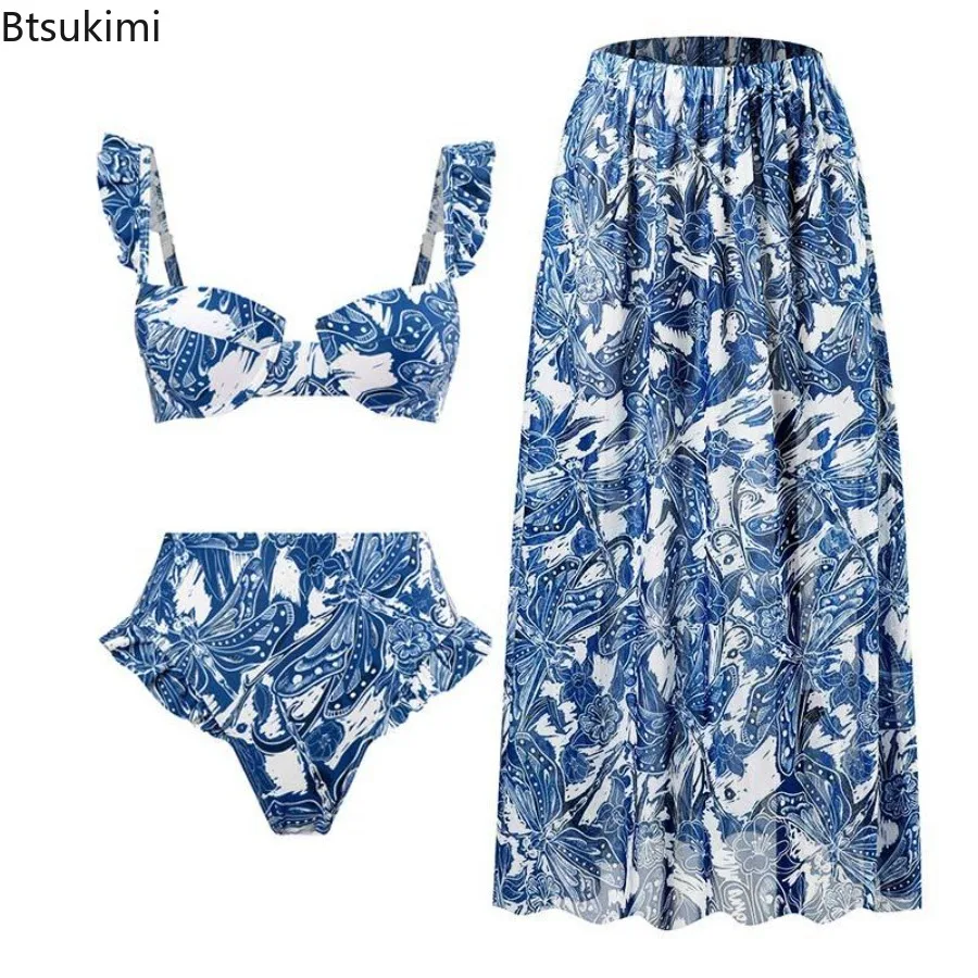 

2024 Fashion Women's Split Swimsuits Retro Print Bikini Sets Boho Style Sexy Beach Spa Resort Casual Swimwear 3 Piece Sets Femme