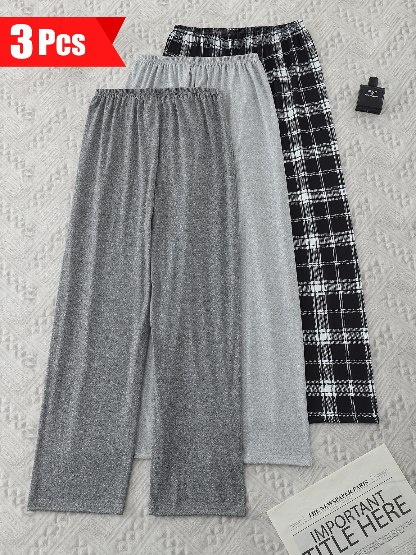 3 PCS elastic waist dark grey pajama pants Light grey pajama pants plaid pajama pants for women set is skin-friendly  and comfor