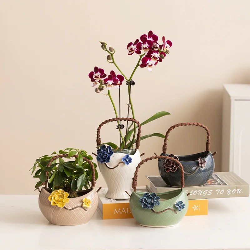 

Handmade Ceramic Succulent Planter with Pinched Flowers, Flower Basket Shape Mini Pot for Desktop Cactus