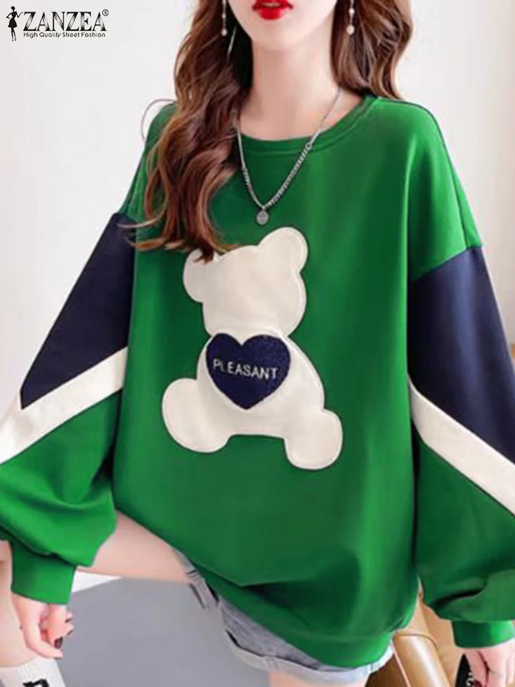 2024 Autumn Lantern Long Sleeve Sweatshirts ZANZEA Women Jumpers O-Neck Simple Loose Hoodies Colorblock Bear Printing Pullovers