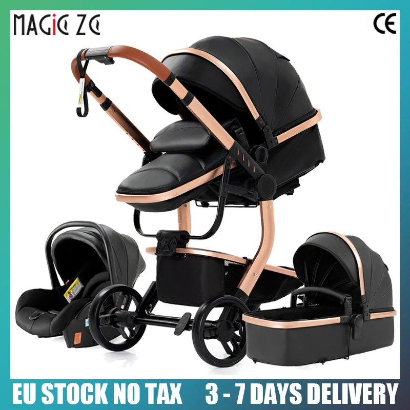 Passeggino 3 in 1 in pelle PU con culla seggiolino auto ammortizzante design antivento impermeabile per neonati da viaggio per tutte le stagioni