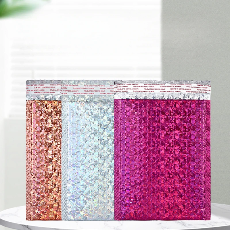 10 Pcs Holographic Packaging Supplies Rose Red Bubble Mailer Laser Shipping Bags Packing Bag Delivery Package Envelope Mailing