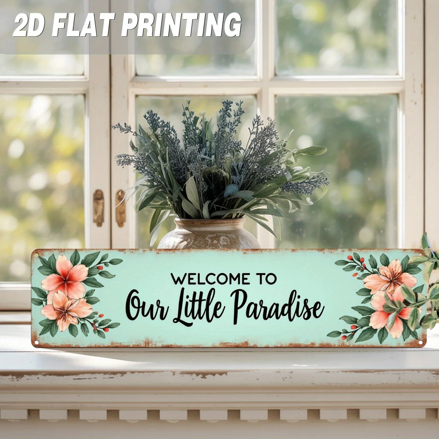 Metal Sign 'Welcome to Our Little Paradise' - Vintage Tropical Floral Wall Decor, Perfect for Home, Bedroom, Living Room