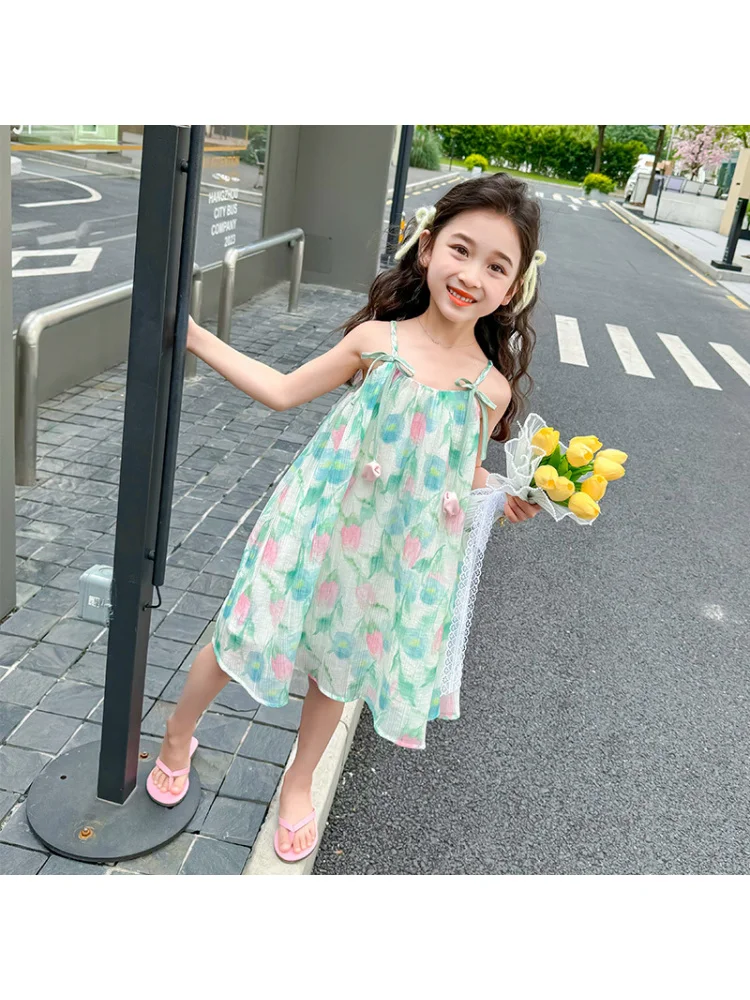 Girls' Strap Dress Summer New Fashionable Children's Baby Girl Summer Thin Beach Floral Dress