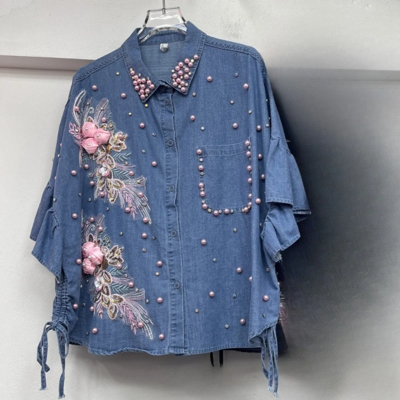 GALCAUR colorblock spliced appliques cowboy shirts for women lapel short sleeves patchwork bead temperament shirt femlae fashion