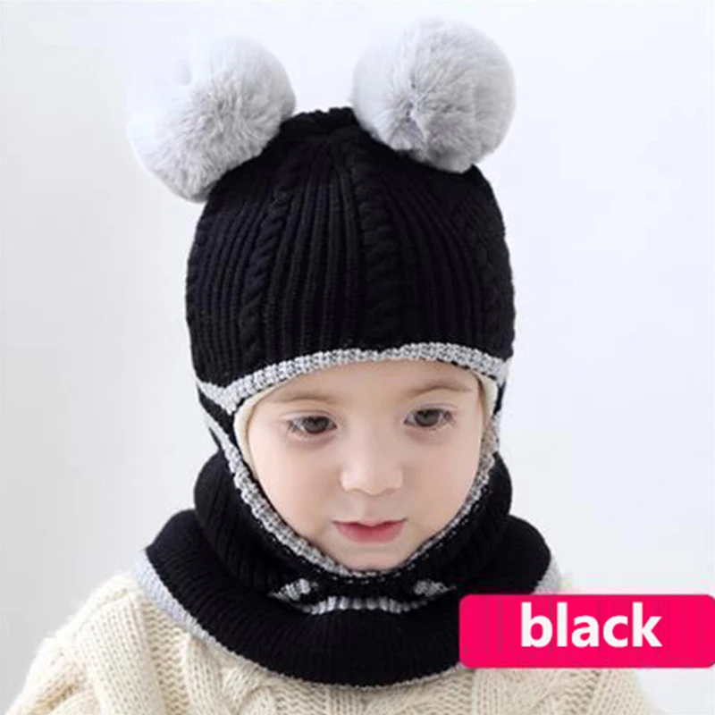 Beanies Baby Ring Hat Pompom Winter Children Hats Knitted Cute Cap for Baby Girls Boys Warm Fleece Lining Earflap Caps for Kids