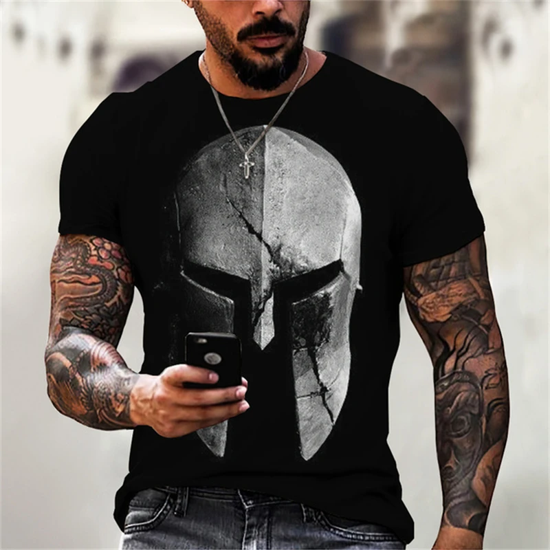 Fashion Spartan Warrior Print T Shirt For Men Hip Hop Trend Harajuku Vintage Clothes Summer Casual O-neck Short Sleeve Loose Top