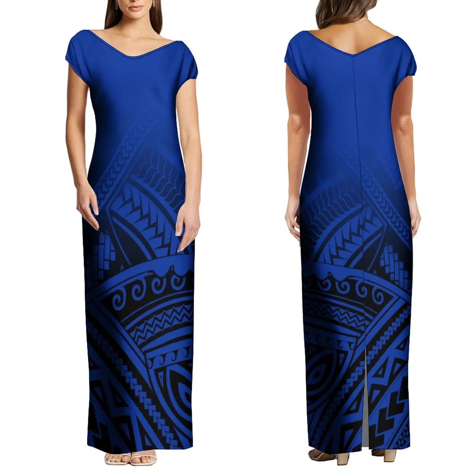 Women'S Summer Short Sleeve Dress Polynesian Tribe Custom Ethnic Dress Party Elegant Slim-Fit Long Dress 