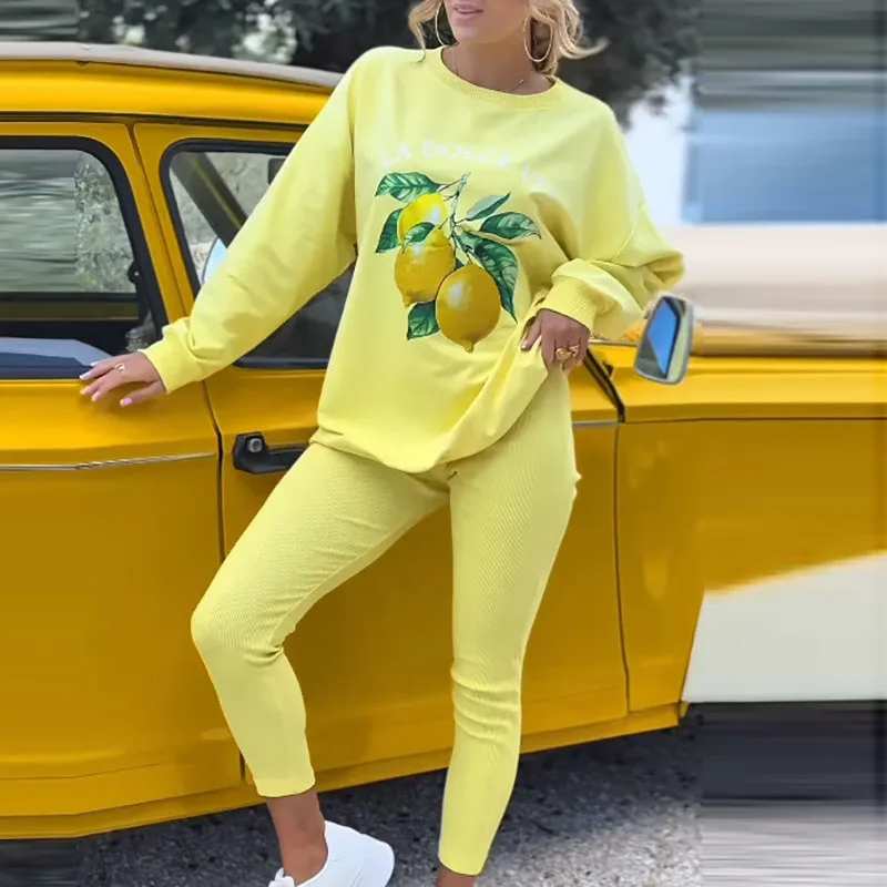 New Fashion Plants Print Sportswear Suit 2025 Spring Autumn Casual Tracksuit Women O Neck Sweatshirt Pullovers & Skinny Pant Set