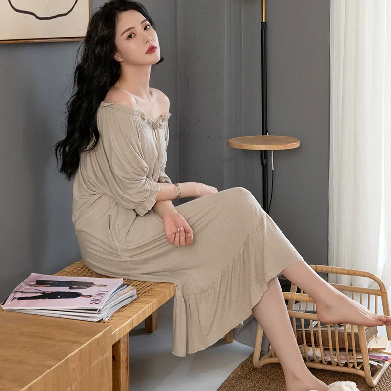 Spring and summer modal medium long short sleeved nightdress thin simple solid color women's home clothes large size can be worn