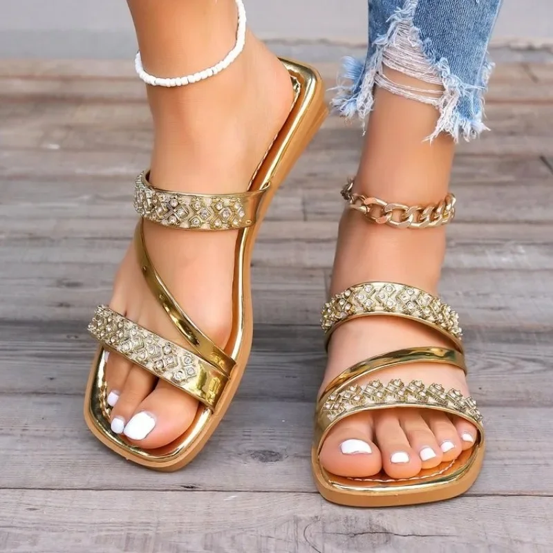 Bling Gold Slippers for Women Shoes Peep Toe Ladies Casual Slides Female Bling Shine Crystal Slippers Square Heel Shoes