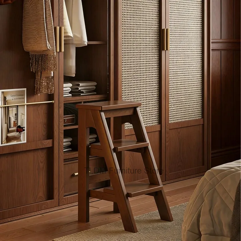Retro Solid Wood Step Stool, Wooden Ladder Chair with Walnut Finish, Multifunctional Step Ladder for Home Kitchen Living Room