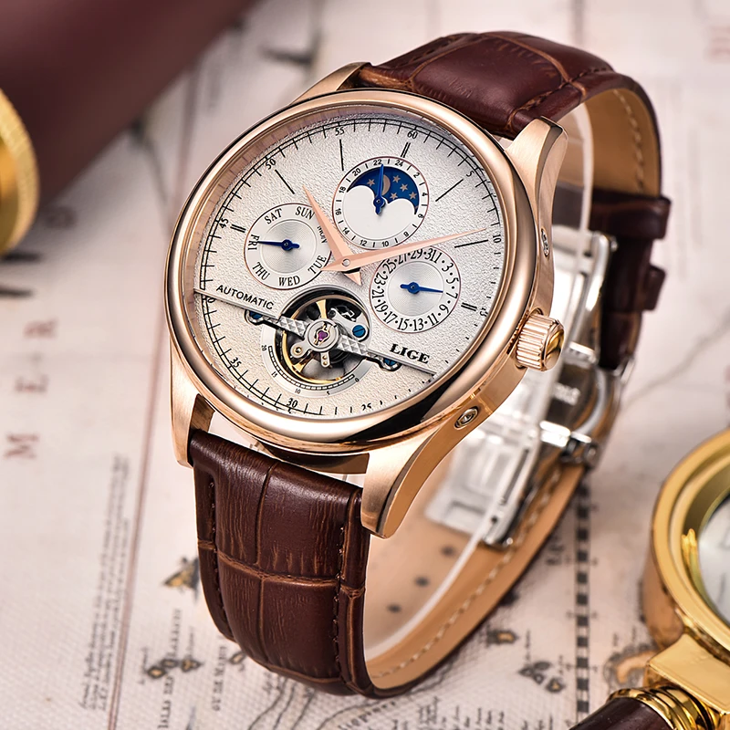 LIGE ريترو ساعات المعصم الميكانيكية للرجال موضة التلقائي توربيون ساعة رجال الأعمال مقاوم للماء ساعة للرجال Montre أوم