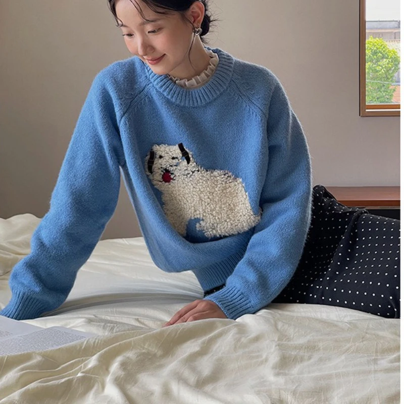 

Sweet Office Lady O Neck Long Sleeve Knitted Autumn Winter Casual Women Sweaters Y2k Cuter Cartoon Fur Clothes French Punk Tops