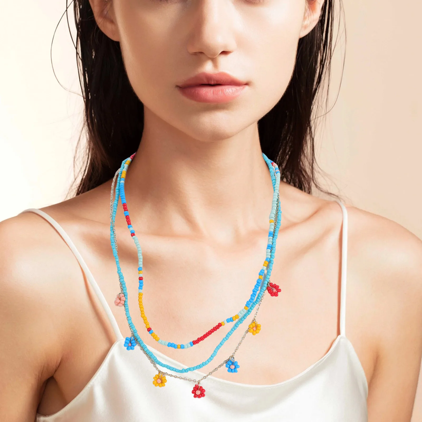 

Bohemian Necklace Chunky Faux Pearls Beaded Choker Women Pendant Clavicle Chain Rice Necklace Layering Accessories