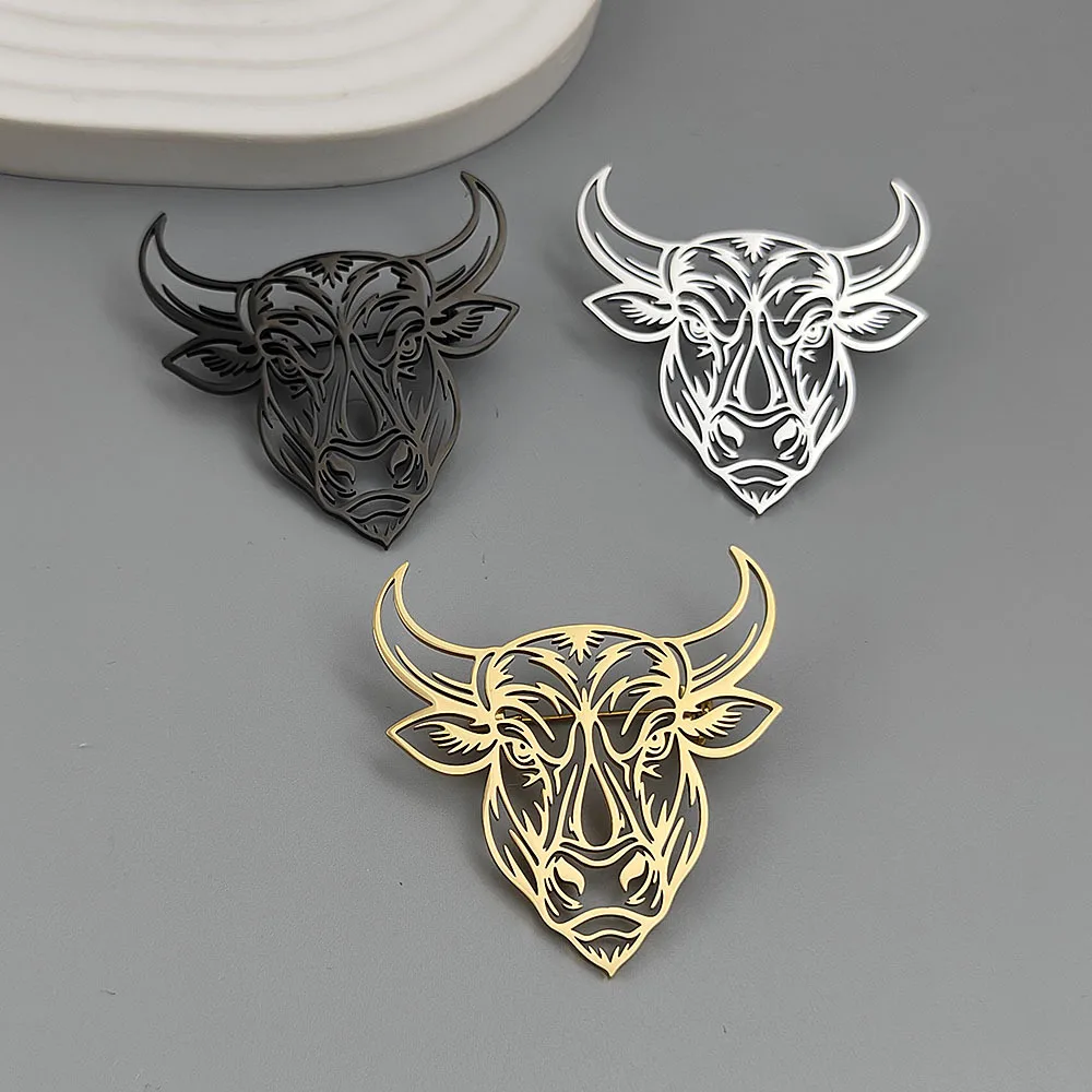 Stainless Steel Hollow Bull Head Pins Animal Theme Lapel Pin Hollow‑cut Badge for Suit Jacket Backpack Clothing Decoration Gift