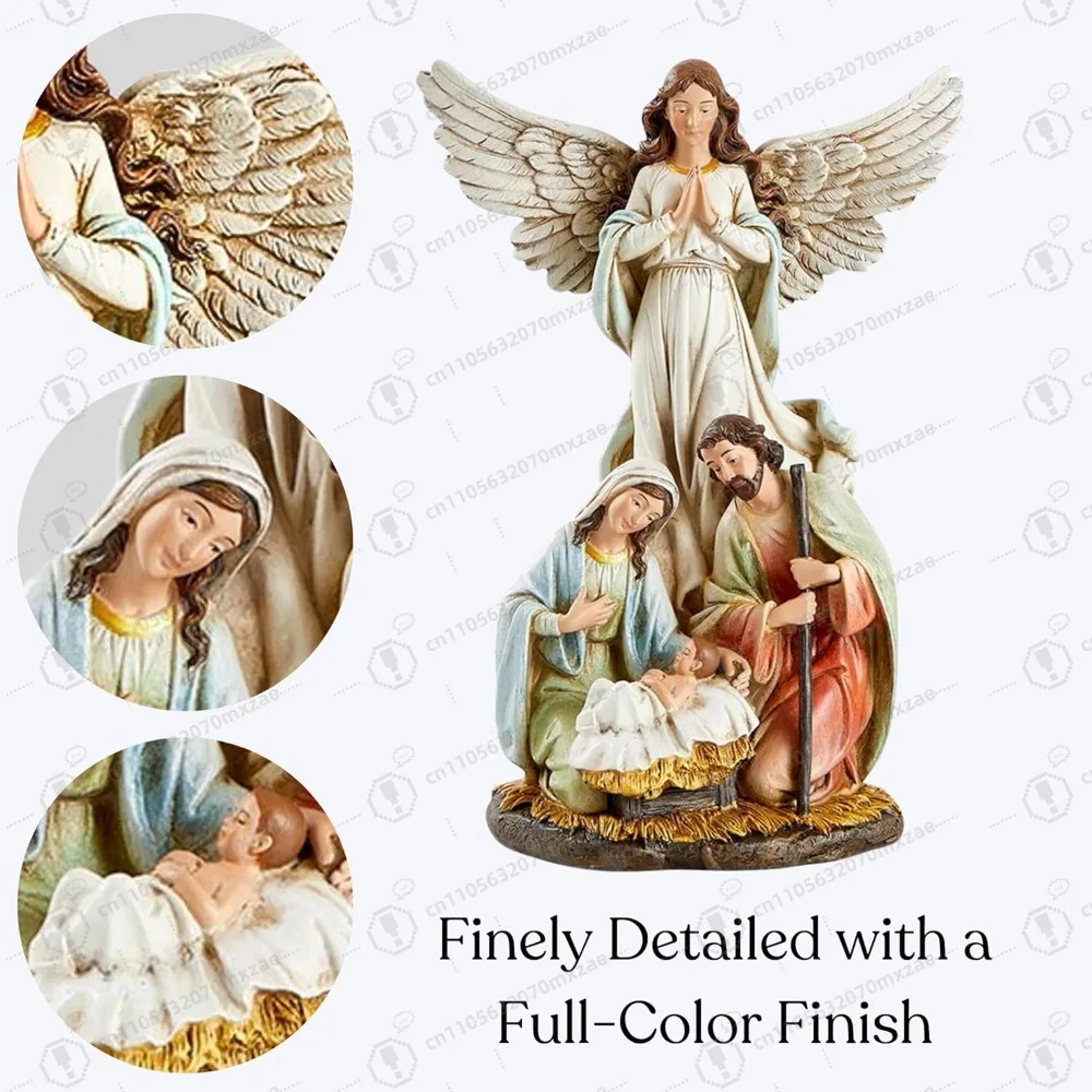 Angel with Holy Family Nativity Statue, Religious Resin Figurine, Seasonal Home Decor, 12 Inches,Perfect for Easter gifts