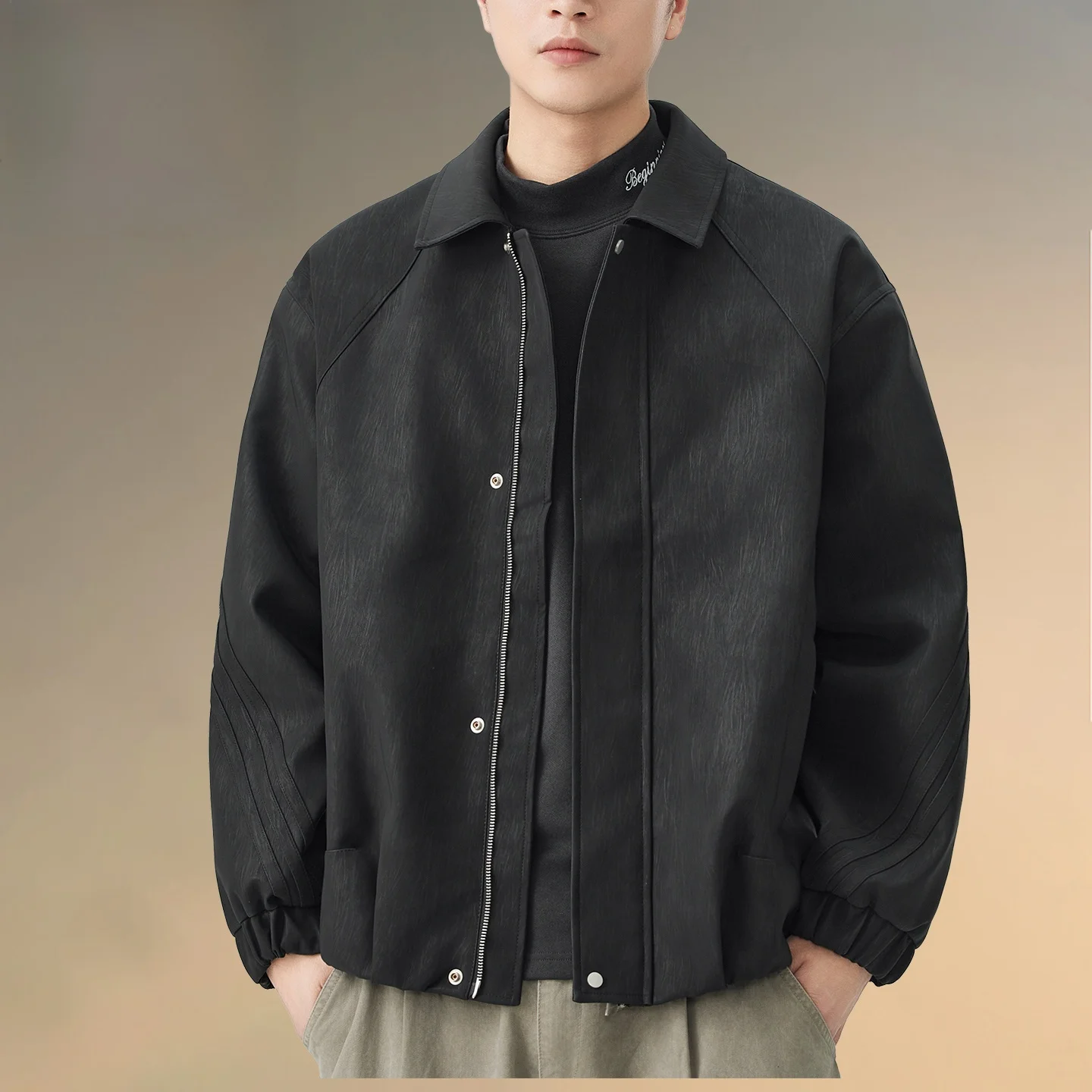 

Pierre Cardin Men's Zipper Collar Pure Color Loose Fit Jaet American Retro Sle Spring Autumn Faionable Outerwear