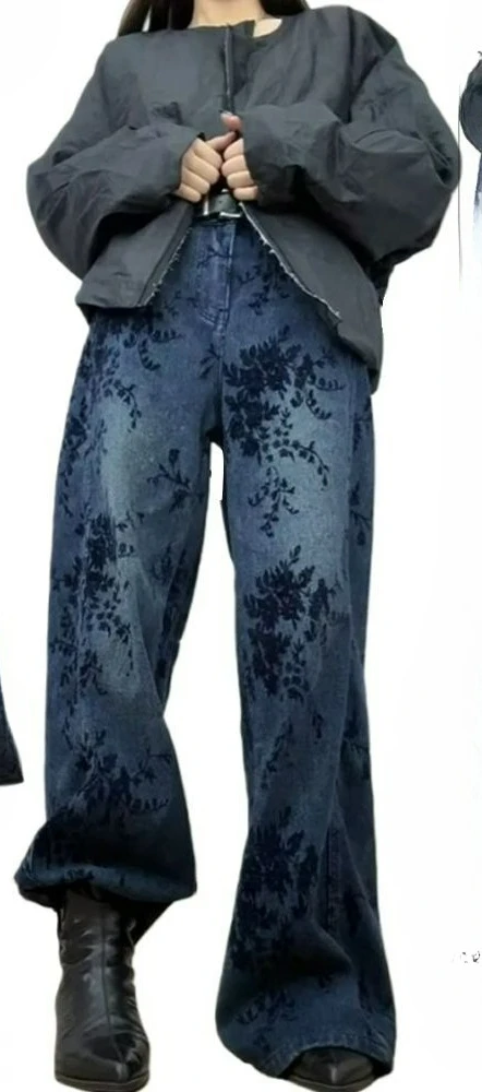 Design Sense Full of Printed Branches Velvet and Thickened Jeans Women's Retro Versatile Wide-leg Floor Pants