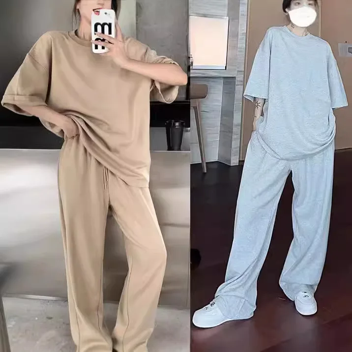 

Pant Sets Solid Two Pieces Pullover O Neck Short Sleeve T Shirts Loose Wide Leg Pants Full Length Trousers Casual High Waist