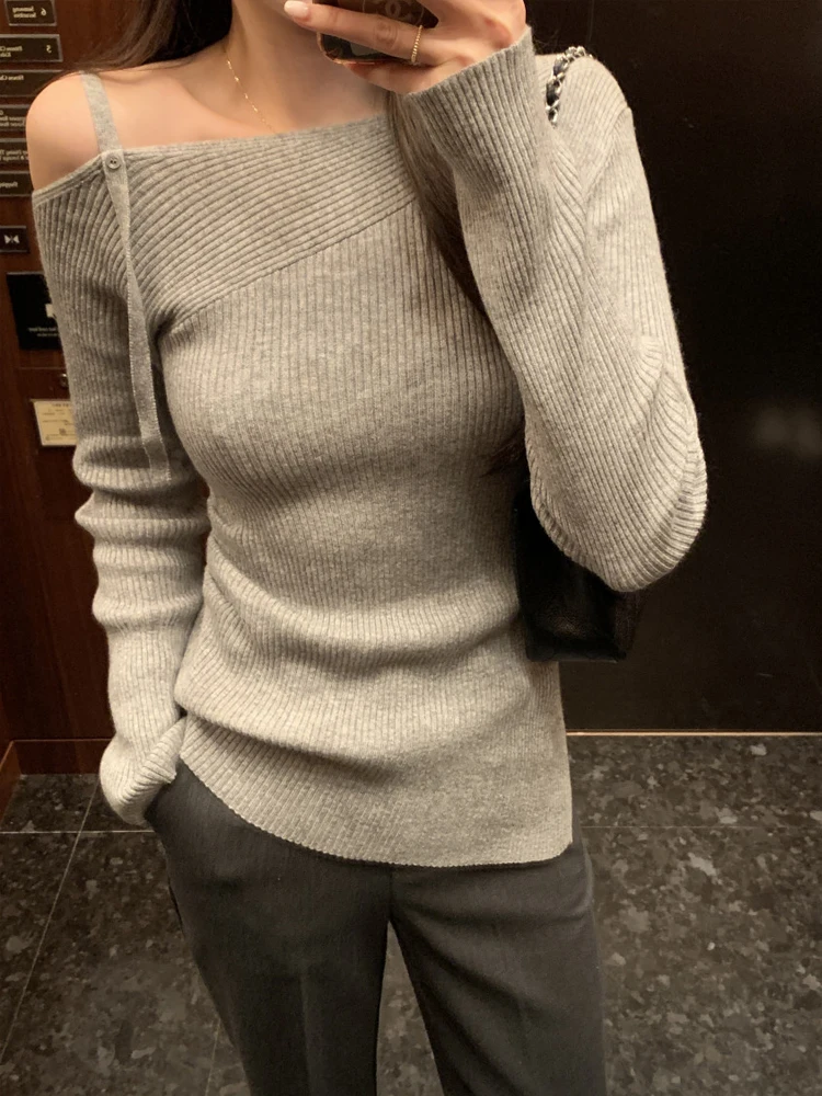 

oulder Bared Long Sve Knitted Sweater Women's Base Layer Spring Faion Sensual Pure Desire Casual Office Commute Sle