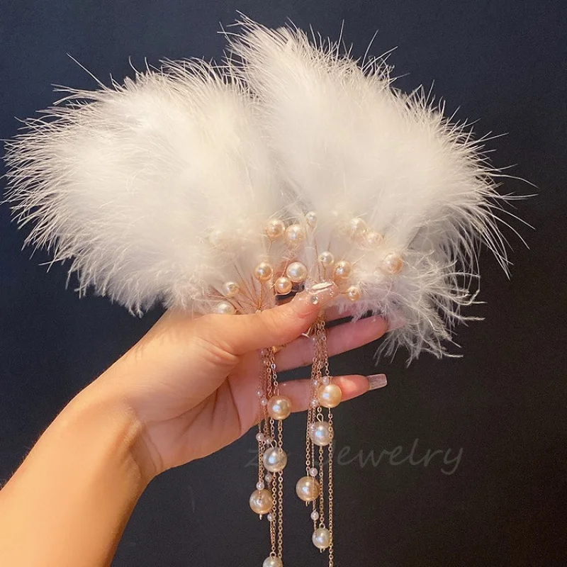 

Super Fairy Feather Pure Desire Style Hair Clip High-end Long Pearl Tassel Hairpin Bride Photo Side Clip New Hair Accessory
