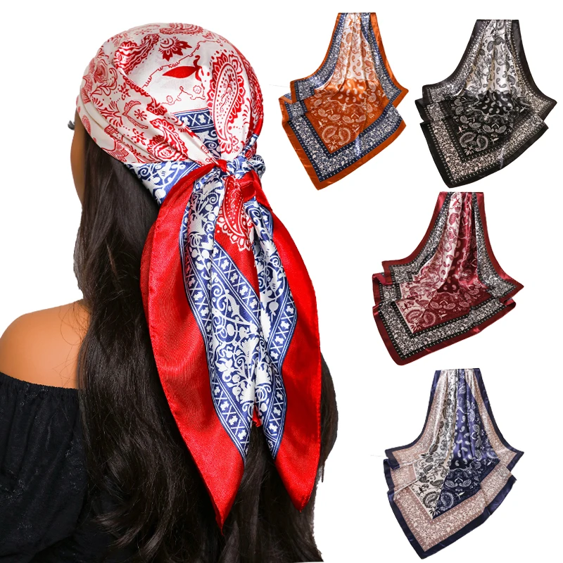 

90*90cm Hair Scarf Women Fashion Designer Beautiful Flowers Foulard Soft Satin Shawl Kerchief Square Silk Scarfs Neck Headscarf