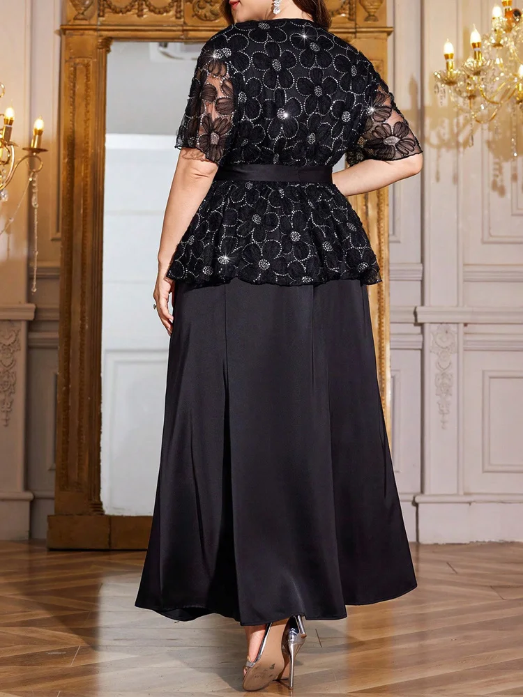 GIBSIE Plus Size Skirt Set for Women Elegant V-Neck Belted Sequin Top + High Waist Long Skirts Evening Party Two 2 Pieces Sets