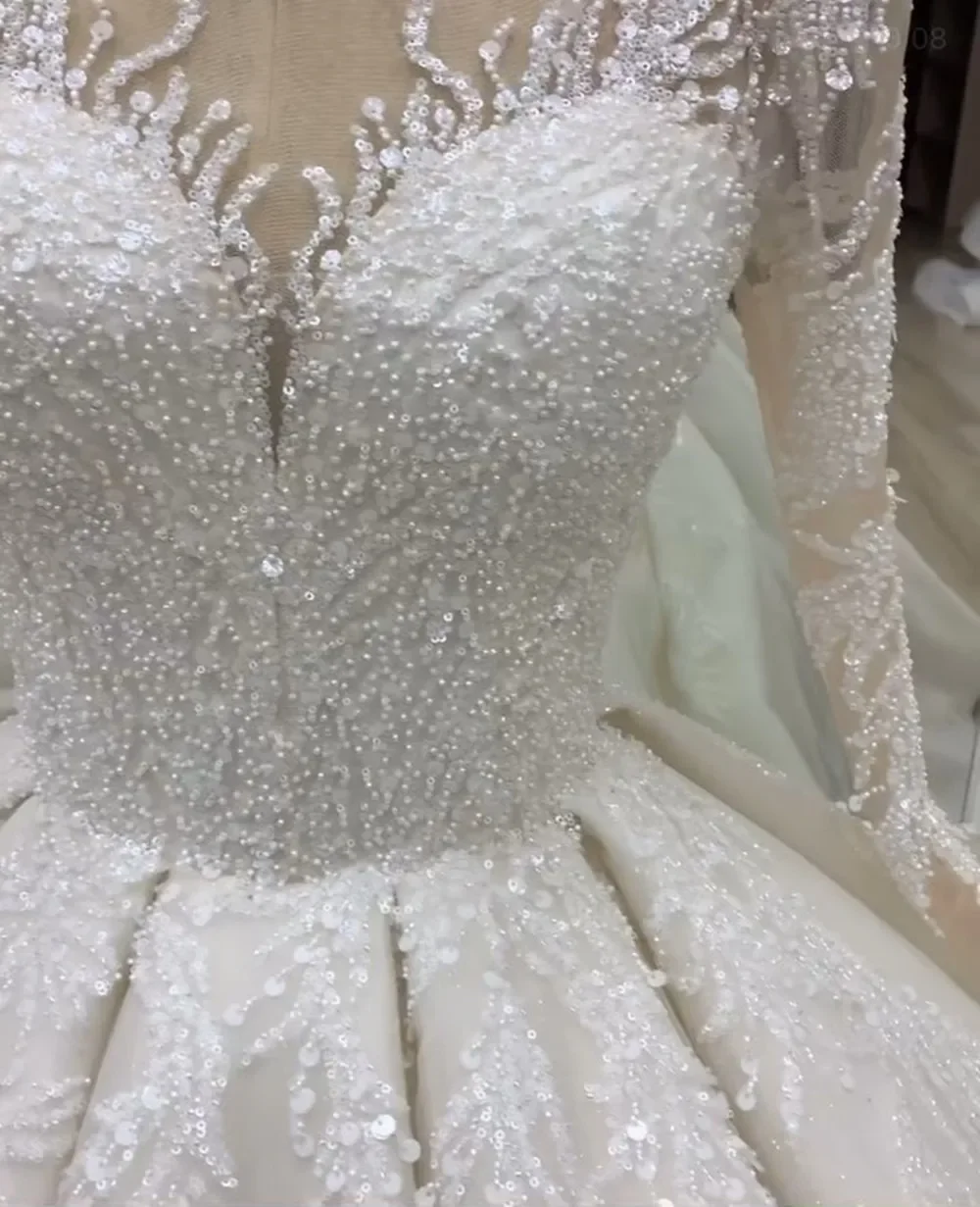 Flavinke カスタマイズされた絶妙なスパンコールのウェディングドレスビーズアップリケ O ネックブライダルドレスフルスリーブトレインローブデ Vestido