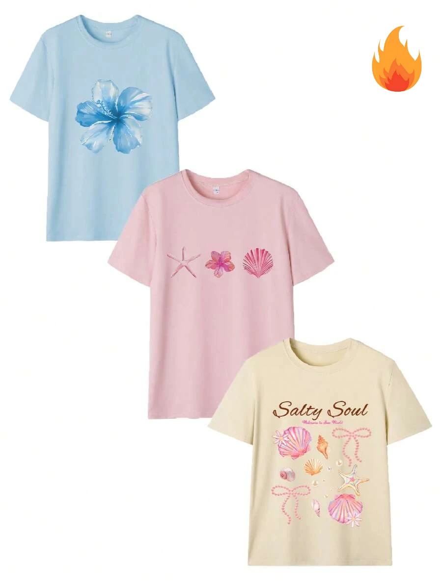 3-Pack Coquette Mermaidcore Aesthetic T-Shirt Pack Cute Coquette Bow Shell Starfish Graphic Tee Salty Soul Beach Vacation Outfits
