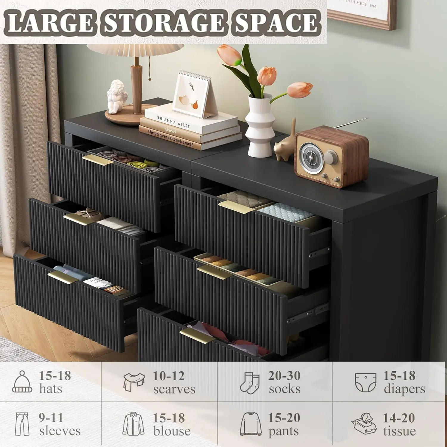 مجموعة من طاولتين مع 6 أدراج، وخزانة غرفة نوم سوداء لغرفة الأطفال أو المدخل