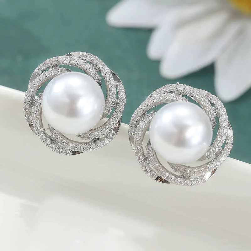 Fashion Zircon Imitation Pearl Studs Earrings For Women Wedding Bridal Temperament Jewelry Delicate Party Ear Accessory